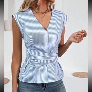 Classic Stripe Print Crisscross Front Back Tie Sleeveless Top Blouse Shirt Blue